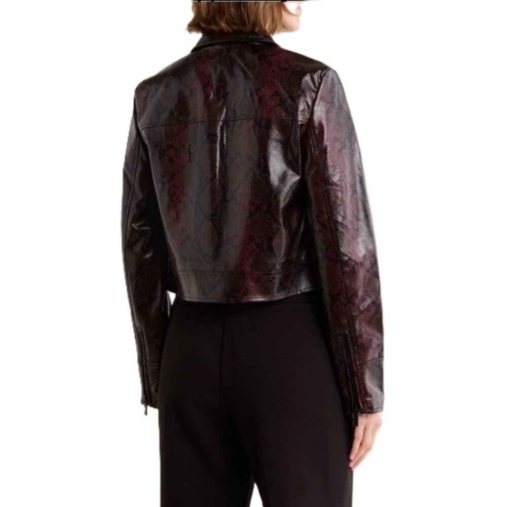 Faux Leather Moto Jacket Black Python Print Zip-U… - image 3